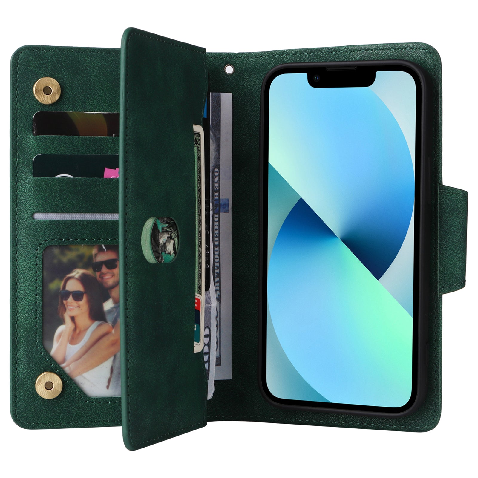 For iPhone 13 6.1 inch Case PU Leather Zipper Pocket Stand Phone Cover with Rivet Decor For iPhone 13 6.1 inch Case PU Leather Zipper Pocket Stand Phone Cover with Rivet Decor